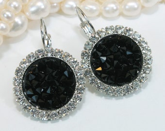 Black Earrings Black Crystal Earrings Black European Crystal Earrings Jet Black drop halo earrings,Small "Pizza" element Silver,Jet, SE105