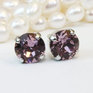 Brincos de pino roxo-ameixa, brincos de casamento de cristal de ametista, brincos de pino para madrinhas, joias com pedra de nascimento de fevereiro, brincos com pedras preciosas, 8 mm, SE1