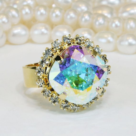 Aurora Borealis Ring, AB Crystal Ring, Wedding Jewelry, Cocktail Ring, Iridescent Crystal Ring, Bridal Statement Rings, AB Earrings, GR54