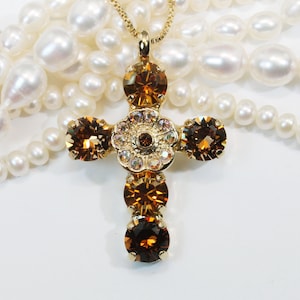 Brown Cross Necklace, Topaz Crystal Necklace, Rhinestone Cross Pendant, Baptism Gift For Godmother, Religious Necklace,Christening Gift,GN28