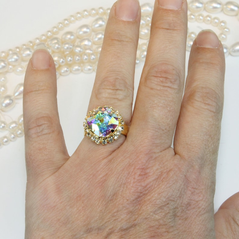 Aurora Borealis-ring, AB-kristallring, bröllopssmycken, cocktailring, iriserande kristallring, brudtärningsringar med statementmotiv, AB-örhängen, GR54 bild 2