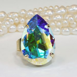 Aurora Borealis Ring, Teardrop Cocktail Ring, AB Crystal Ring, Statement Rings, Iridescent Jewelry, Oversize Bridal Ring, Rainbow Ring, GR61