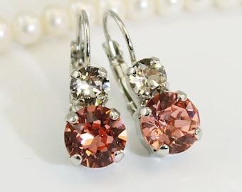 Coral Earrings European Crystal Pink Peach Drop Earrings,Coral European crystal earrings Two Stones Coral wedding, Silver,PEACHES, SE3