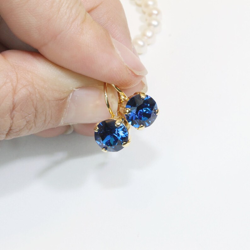 Royal Blue Earrings Gold Cobalt Blue European Crystal Electric Blue 8mm single stone Drop Earrings Rhinestones,Gold finish,Capri Blue,GE2 image 3