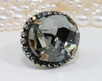 Oversized Black Diamond Like Ring, Cocktail Statement Ring, Gray Crystal Ring, Gray Diamond Ring, April Birthstone Jewelry, Large Stone,BR49