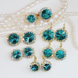 Teal Set Peacock Green Blue European Crystal Bridesmaids Bridal set Full Set With Matching Earring Blue Zircon Peacock Wedding,Gold,GR48