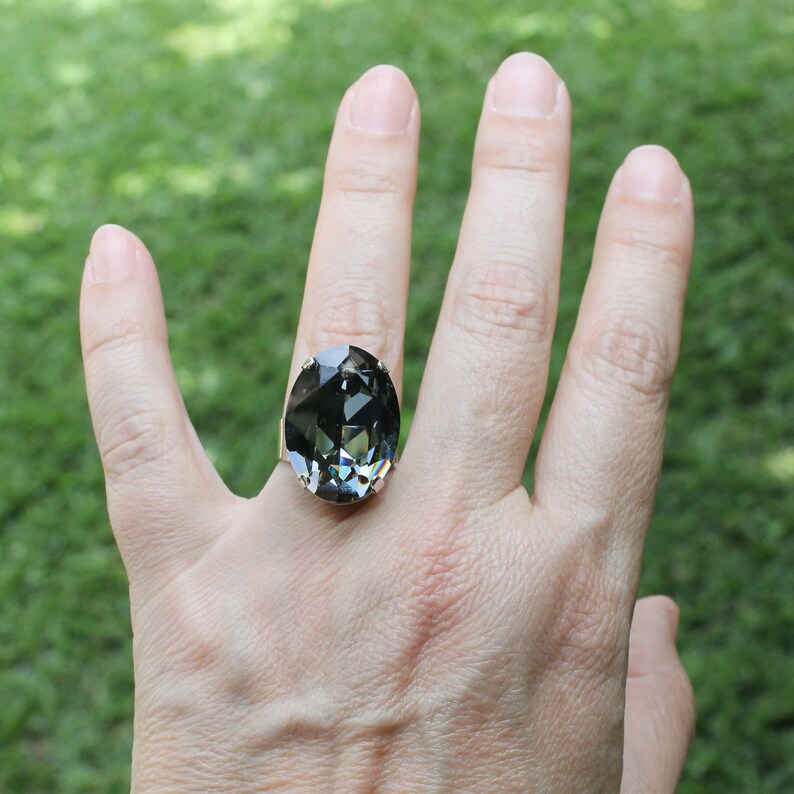 Gray Jewelry Dark Grey Ring European Crystal Cocktail Bridal Oversize ...