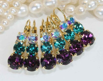Peacock Earrings, Peacock Wedding Jewelry, Crystal Bridesmaids Earrings, Jewel Tone Earrings, Purple Teal Drop Earrings, Bling Earrings,GE45
