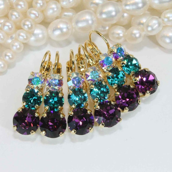 Peacock Earrings, Peacock Wedding Jewelry, Crystal Bridesmaids Earrings, Jewel Tone Earrings, Purple Teal Drop Earrings, Bling Earrings,GE45
