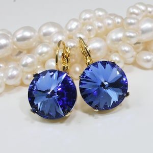 Sapphire Blue Earrings Royal Blue European Crystal drop earrings Gold Sapphire Blue,14mm ,Sapphire Cobalt  Wedding, Gold,Sapphire,GE106