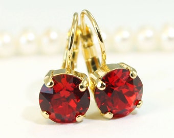 Red Earrings Red Crystal Earrings Gold Red Crystal earrings Red Swarovski Red Drop Earrings Deep Red Christmas Earring,Gold,Light Siam,GE2