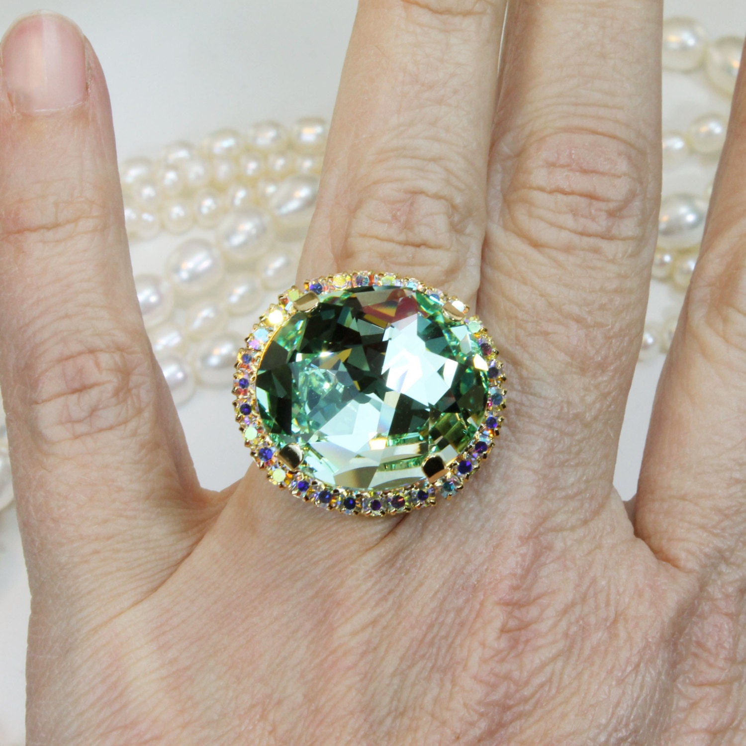 Mint Cocktail Ring Mint Green Oversize Gold ring Pale Green Etsy