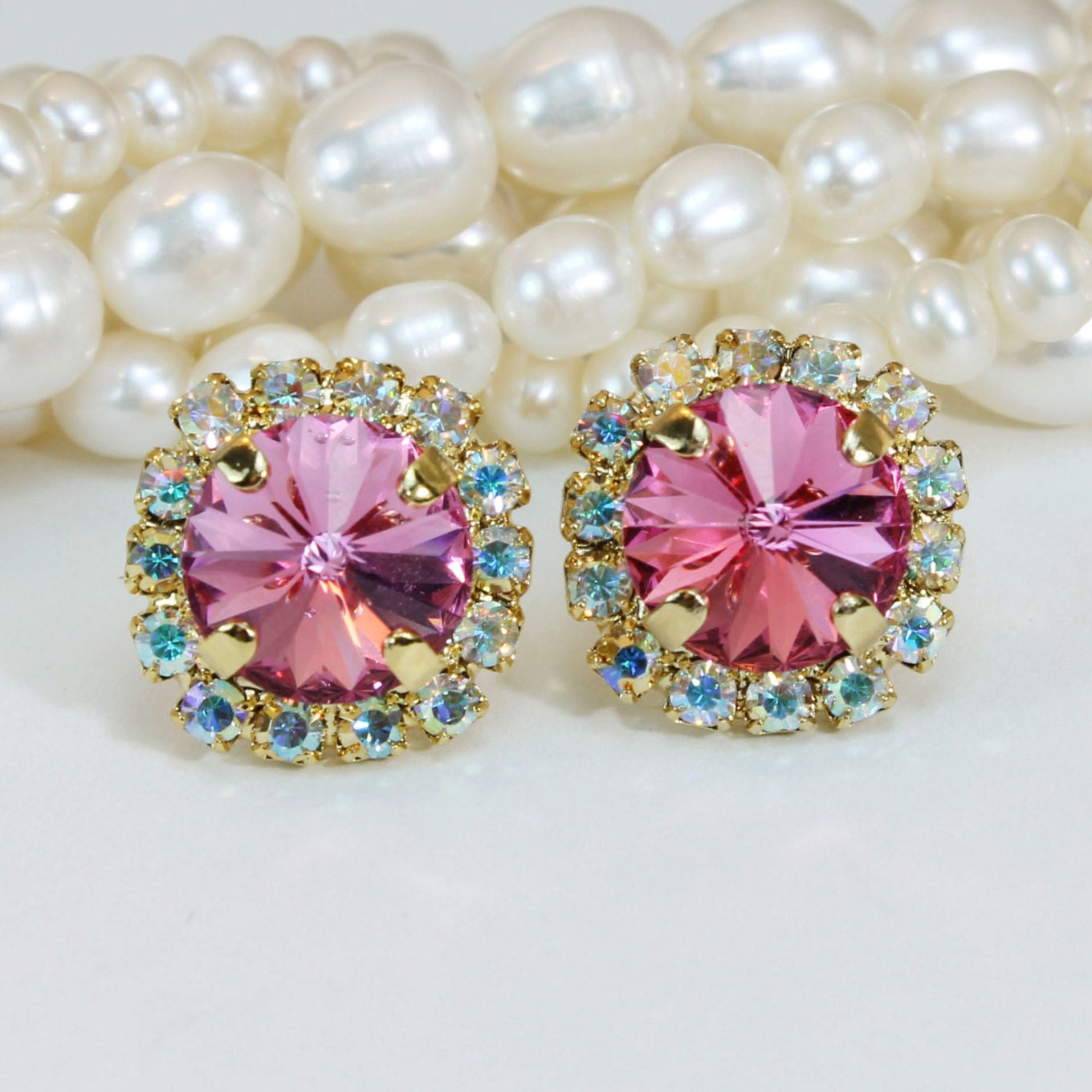 Pink Stud Earrings Swarovski Crystal Pink Post Earring Pink Etsy