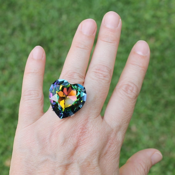 Statement Rings Rainbow Heart Ring Multicolored Crystal Ring Big Cocktail Ring Colorful Ring Holiday Gift Idea Vitrail Medium SR73 Etsy UK