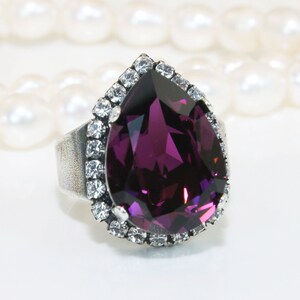 Anel de Ametista, Joias de Noiva em Ameixa, Anel com Strass em Forma de Lágrima, Anel com Pedra de Nascimento de Fevereiro, Anel de Coquetel de Cristal, Aliança de Casamento Feminina SOR57
