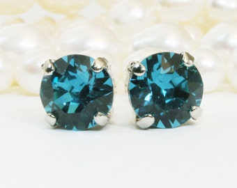 Peacock Studs Teal Green Earrings,Peacock Wedding,Teal Blue Stud Bridesmaids Bridal 8mm European studs,post earrings,Silver,Indicolite,SE1