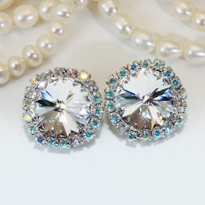 Clear White crystal Clip On Earrings AB European Bridal Clip on Wedding Jewelry Bridesmaids Gift Ab 14mm Halo Rhinestone,Silver,Clear,SE110