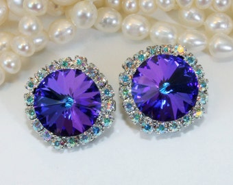 Royal Blue Clip On Earrings AB  European Crystal Sapphire Clip ons something blue Royal Blue Wedding 14mm AB Halo ,Silver ,Heliotrope,SE110