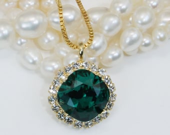 Emerald Necklace Emerald Green European Crystal Pendant Necklace Bridal Bridesmaids Gift For Her Emerald Wedding Jewelry,Gold,Emerald,GN82