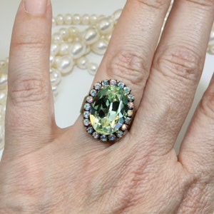 Mint Crystal Ring, Adjustable Green Cocktail Ring, Mint Wedding Jewelry, Oval Rings for Women, AB Halo Rhinestones, Chrysolite Ring,BR39