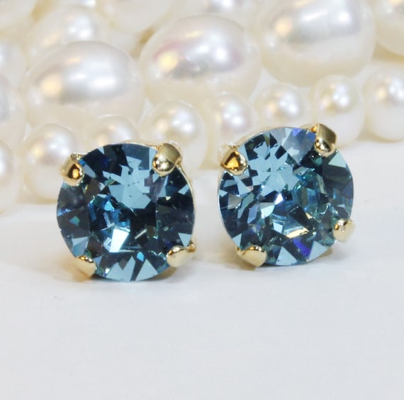 Aqua Blue Stud earrings Aquamarine Post Earrings Single stone Aqua European Crystal Aqua Wedding Bridesmaids Gift Something Blue,Gold,GE1