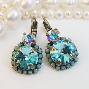 Aqua Turquoise Earrings Aqua European Crystal Earrings Aqua Blue Drop Earring Turquoise Earrings Aqua Wedding,Brass,Light Turquoise,BE102