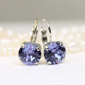 Purple Crystal Earrings Violet Drop Crystal Earrings Lilac single stone earrings European Rhinestones, Silver finish,Tanzanite, SE2