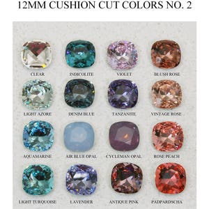 May include: A chart displaying 12mm cushion cut Swarovski crystals in 12 different colours: clear, indigolite, violet, blush rose, light azore, denim blue, tanzanite, vintage rose, aquamarine, air blue opal, cycleman opal, rose peach, light turquoise, lavender, antique pink, and padparadscha.