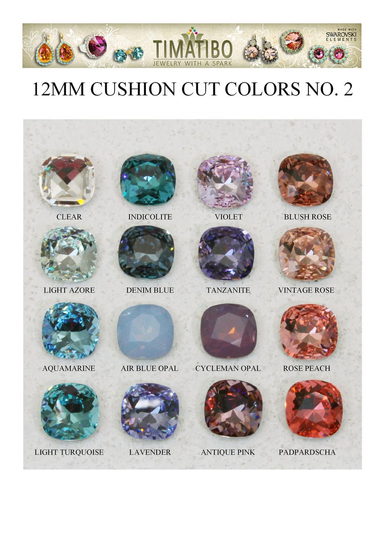 May include: A chart displaying 12mm cushion cut Swarovski crystals in 12 different colours: clear, indigolite, violet, blush rose, light azore, denim blue, tanzanite, vintage rose, aquamarine, air blue opal, cycleman opal, rose peach, light turquoise, lavender, antique pink, and padparadscha.