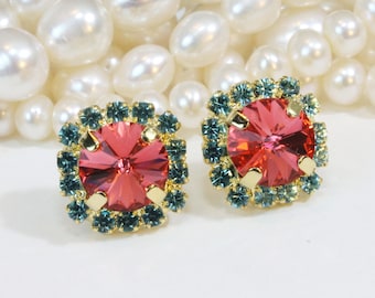 Coral Aqua Stud earrings Coral Peach Blue Post earrings Bridesmaids Earrings European  rhinestones Crystals Gold finish, Padparadscha, GE95