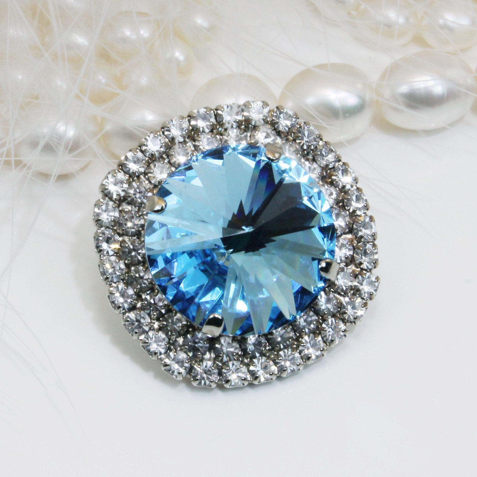 Aquamarine Brooch, Light Blue Crystal Lapel Pin, March