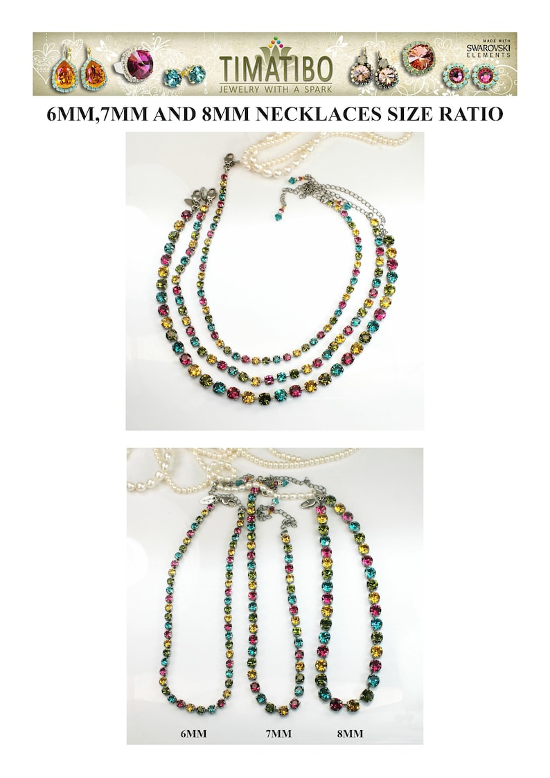 Puede incluir: Tres collares hechos con cristales de Swarovski. Los collares est&aacute;n superpuestos y muestran la diferencia de tama&ntilde;o entre los cristales de 6 mm, 7 mm y 8 mm. Los collares son de plata y presentan una mezcla de cristales turquesa, verdes y rosas.