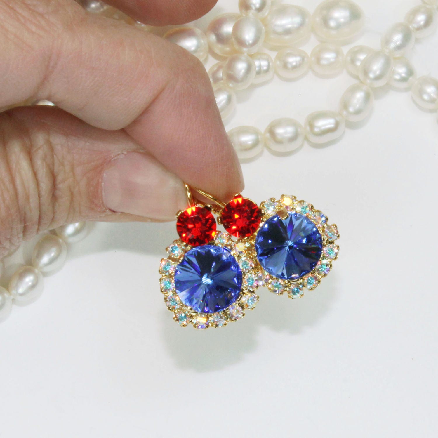4th Of July Earrings For Women - Patriotic Flag Dangle Earrings With Red White Blue Rhinestones