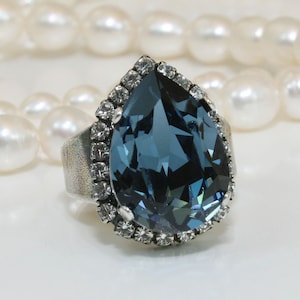 Navy Blue Ring European Crystal Denim Blue Bridal Teardrop Adjustable Cocktail Ring Navy Wedding Jewelry,Antique Silver,Denim Blue,SOR57