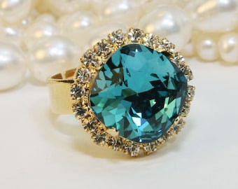 Peacock Ring Teal European Crystal Adjustable Cushion Square Cut Cocktail Ring Blue Green Peacock Wedding Bridesmaids,Gold,Indicolite,GR54