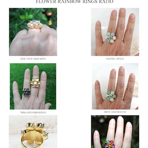 Puede incluir: Cinco estilos diferentes de anillos con forma de flor hechos con cristales de Swarovski. Los anillos se muestran en diferentes dedos. Los anillos est&aacute;n disponibles en una variedad de colores, incluyendo pastel, menta y arco&iacute;ris.