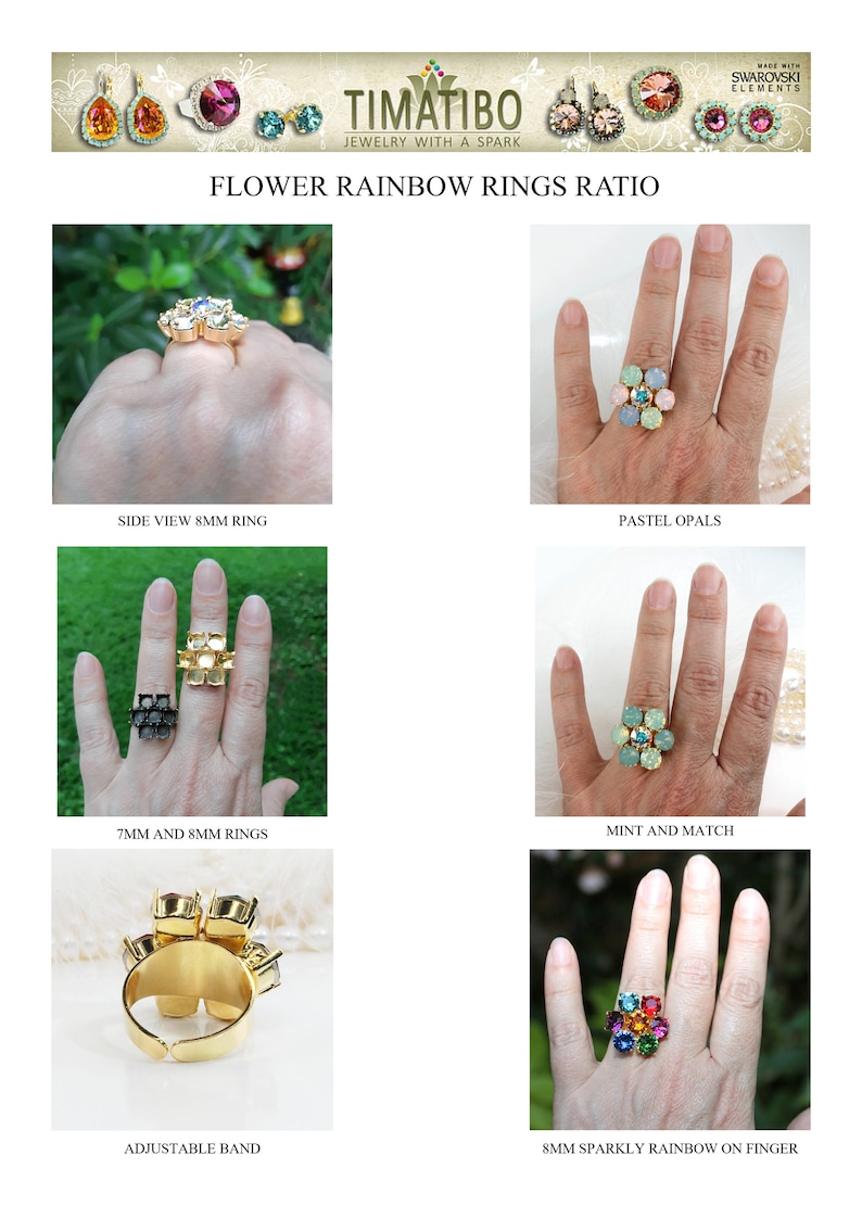 Puede incluir: Cinco estilos diferentes de anillos con forma de flor hechos con cristales de Swarovski. Los anillos se muestran en diferentes dedos. Los anillos est&aacute;n disponibles en una variedad de colores, incluyendo pastel, menta y arco&iacute;ris.