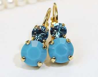 Turquoise Blue Earrings Aqua Blue drop earrings,Turquoise earrings European crystals Aqua Blue,Matt Turquoise Gold finish,TURQUOISE SKY,BE3