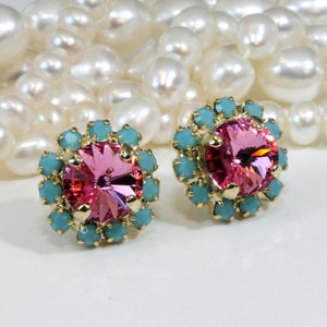 Turquoise Pink Stud Earrings Aqua Blue Stud earrings Posts Halo Bridesmaids Earrings European rhinestones Crystals Gold finish, Rose, GE95 image 1
