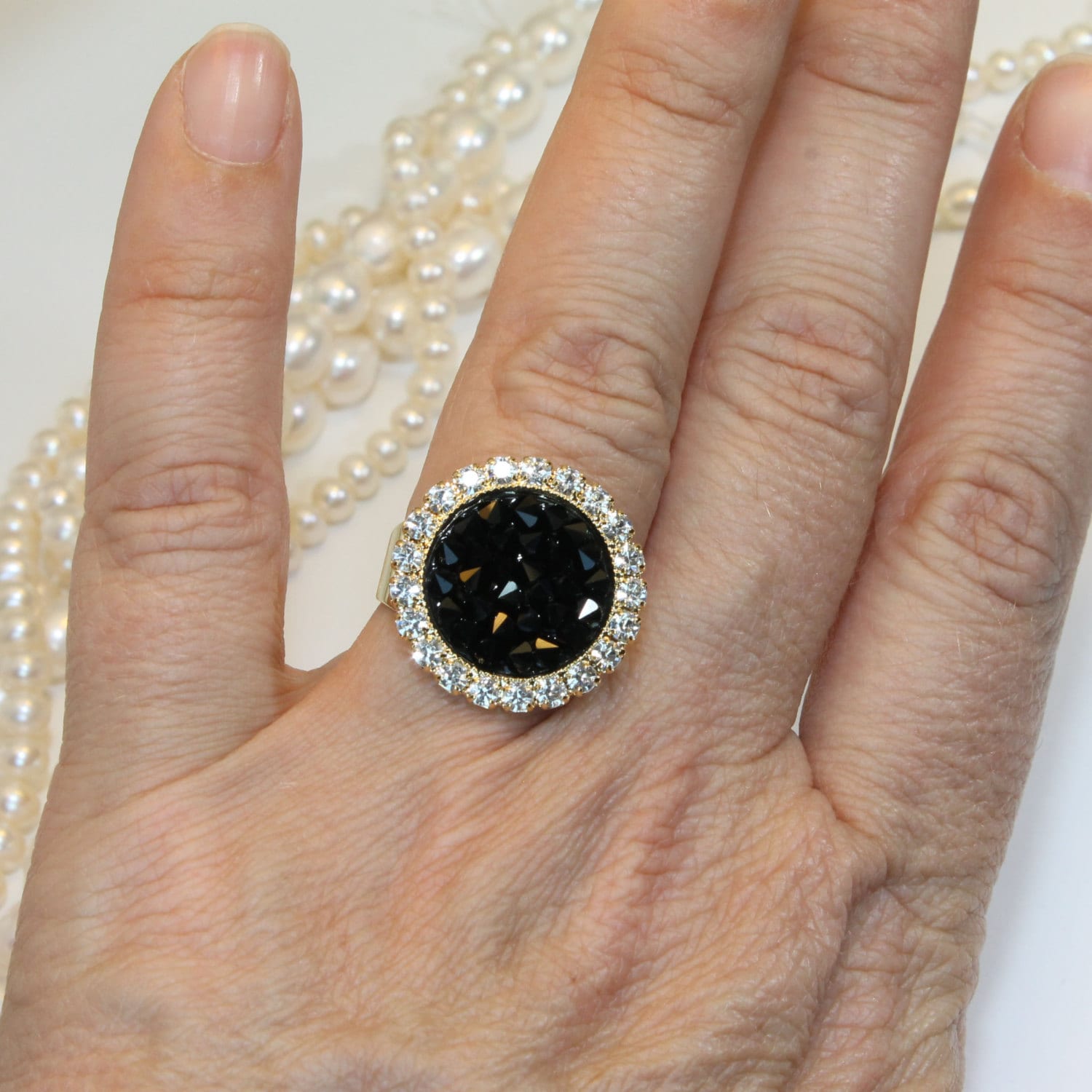 Black Ring Black Gold European Crystal Ring Black Cocktail Ring Black ...