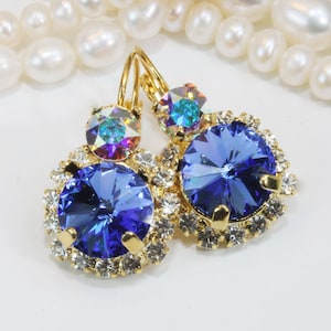 Sapphire Blue Crystal Earrings,Royal Blue Gold Drop Earrings Blue Earrings,Royal Blue Wedding European Clear Ab Halo,Gold ,Sapphire,GE102