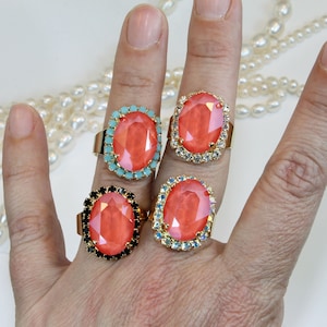 Coral Ring,Coral Cocktail Adjustable Bridal Ring Peach European Bridal Ring,AB Oval Coral Wedding Bridesmaids Gift,Gold,Light Coral,GR39