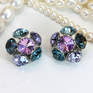Peacock Clip On Earrings Teal Aqua Blue Purple Flower Crystal Multicolored Earring Peacock Wedding Bridesmaids gift, Silver,BUBBLES SE122