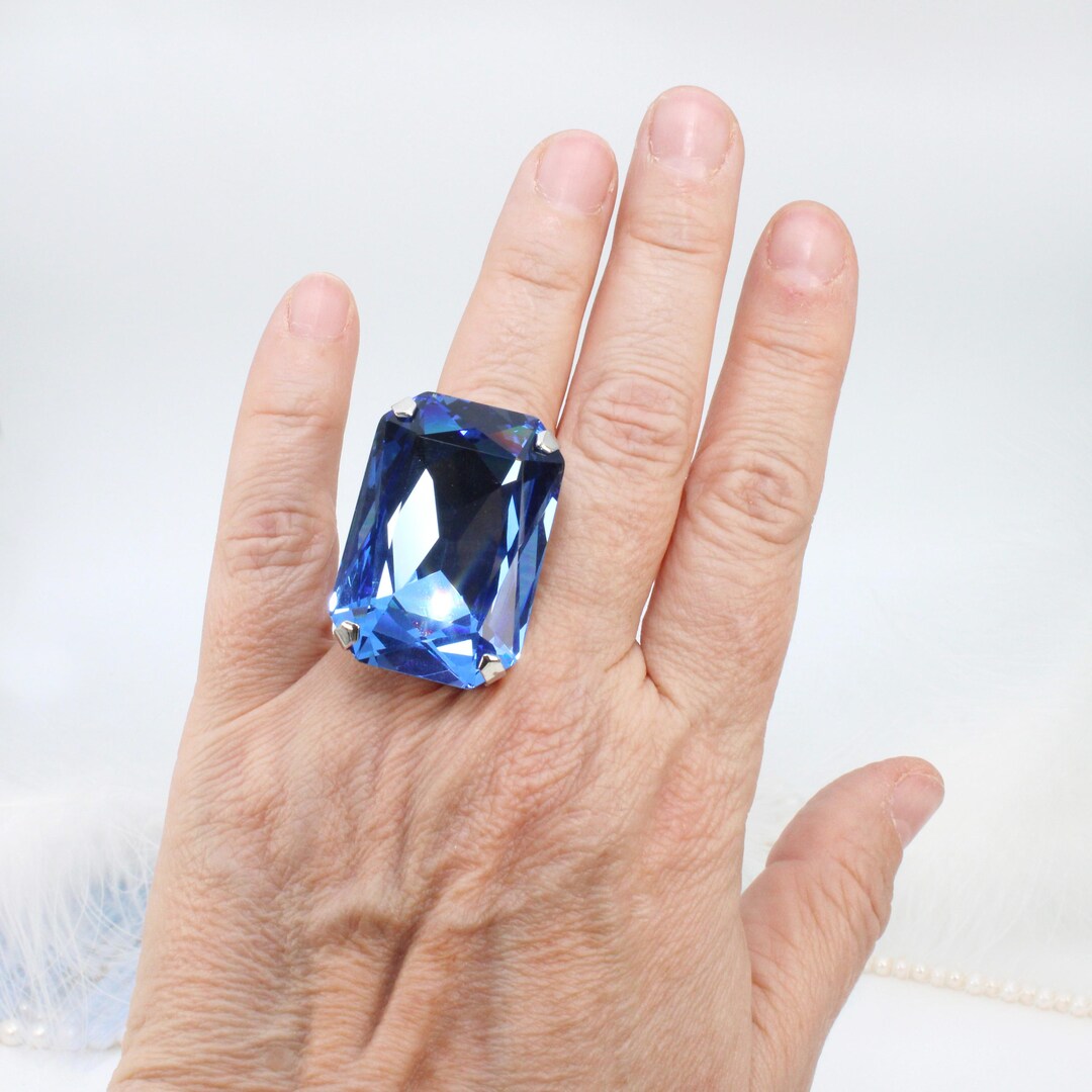 Light Sapphire Crystal Statement Ring, Pale Blue Rectangle Cut, Huge ...