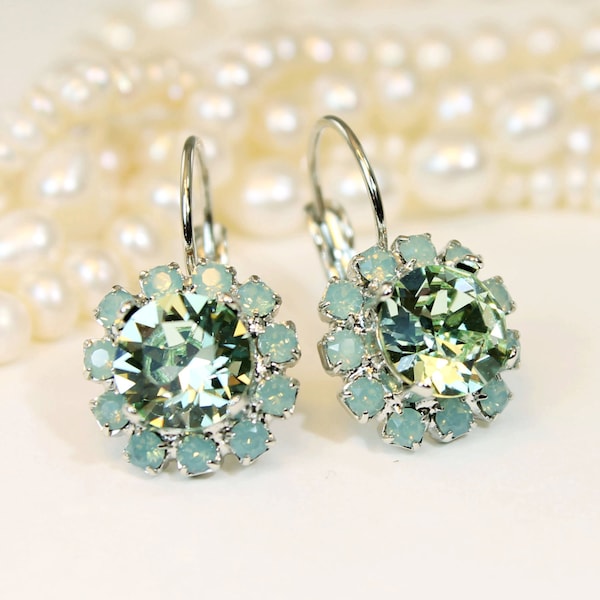 Mint Crystal Earrings Pale Green Pacific Opal European Mint Green Drop Halo Bridesmaid Gift Mint Wedding Jewelry Silver,Chrysolite,GE96