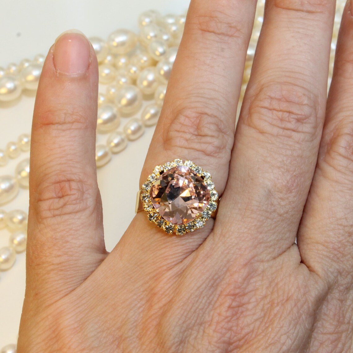 Blush Ring Blush Pink Crystal Ring Bridal Swarovski Ring Gold Etsy