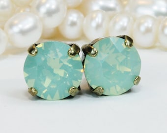 Boucles D'oreilles Vintage Percées - Or Et émail Vert D'eau, Occasion