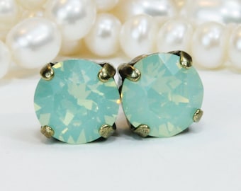 Mint Studs Mint Green earrings 8mm European Mint Green Bridesmaids Gift Mint Green Wedding,Crystal stud earrings,Brass,Chrysolite Opal,BE1