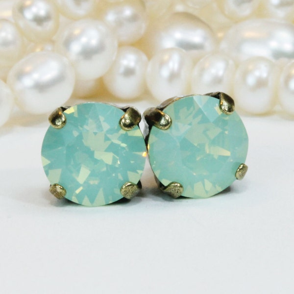 Mint Studs Mint Green earrings 8mm European Mint Green Bridesmaids Gift Mint Green Wedding,Crystal stud earrings,Brass,Chrysolite Opal,BE1