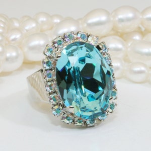 Aqua Crystal Ring Blue Light Turquoise AB Adjustable Ring Oval Cocktail Ring Statement Ring, European rhinestone Crystal,Silver finish,SR39